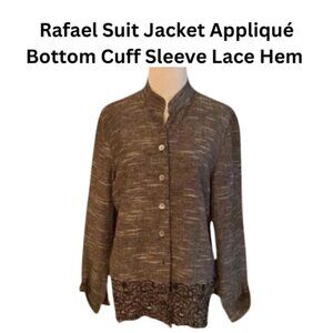 Rafael Suit Jacket Appliqué Bottom Cuff Sleeve Lace Hem Black and Gray Women's 8